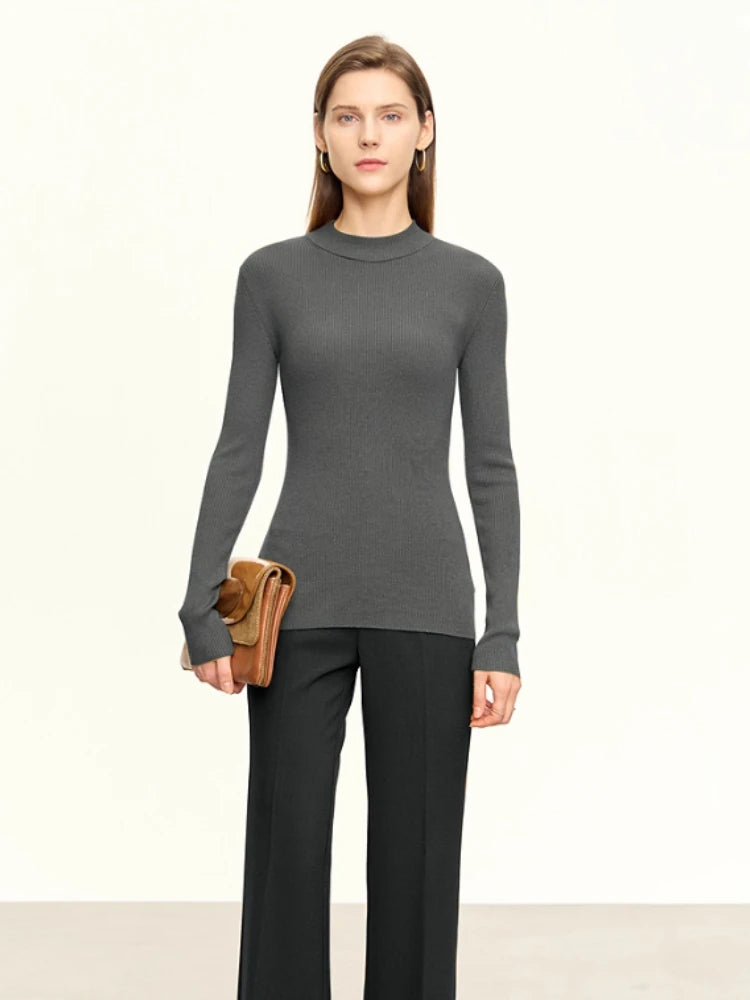 AMII Sweater for Women Minimalism Mock Neck 2026 Autumn New Slim Office Lady Knitted Tops Female Long Sleeve Pullovers 12313001