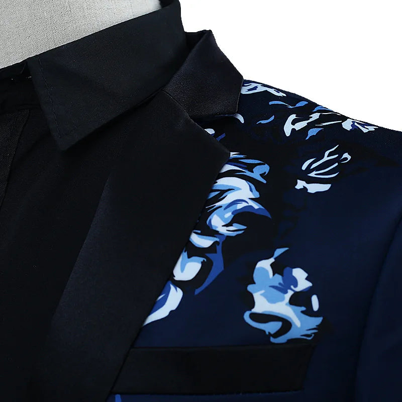 Men's Blue Printed Two-Piece Set, White Slim Fit Dress Jacket and Pants, Single Button Black Blazer Coat with Trouser.New 2026