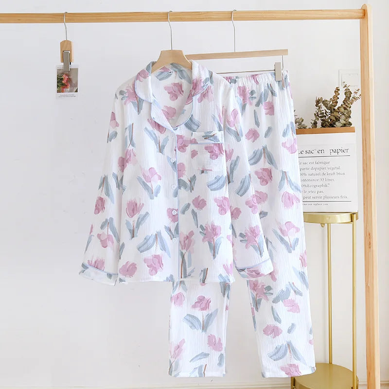 2026 Spring and Autumn Women's Pajama Set 100% Cotton Crepe Long sleeved Pants Two piece Cute and Sweet Ladies Home Fury Set