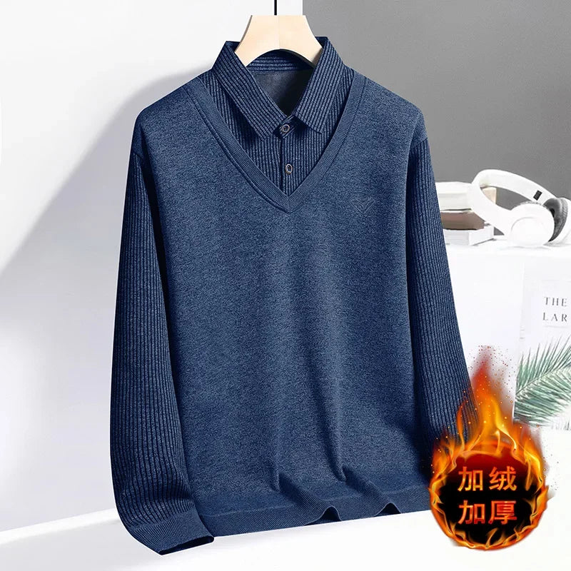 Daily Versatile Men Pullover Fake Two Piece Construction Vertical Stripe Sleeves Lapel Collar Subtle Embroidered Logo