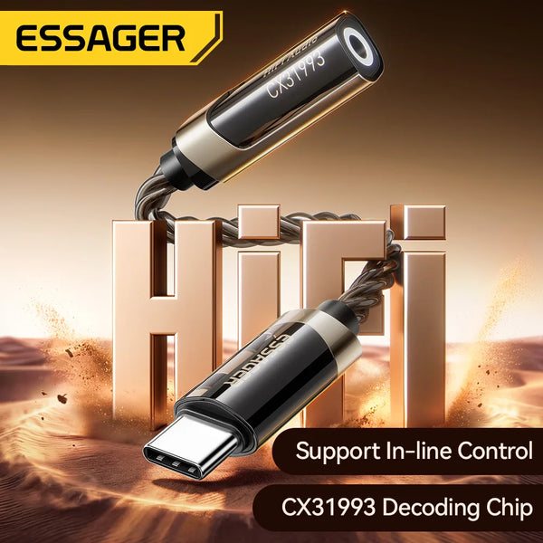 អាដាប់ទ័រអូឌីយ៉ូ Essager HiFi Type-C ទៅ 3.5mm Jack Audio ខ្សែ Aux សម្រាប់កាស USB Type C ទៅ 3.5mm អាដាប់ទ័រ OTG សម្រាប់ iPhone 17 16 15 Pro Max
