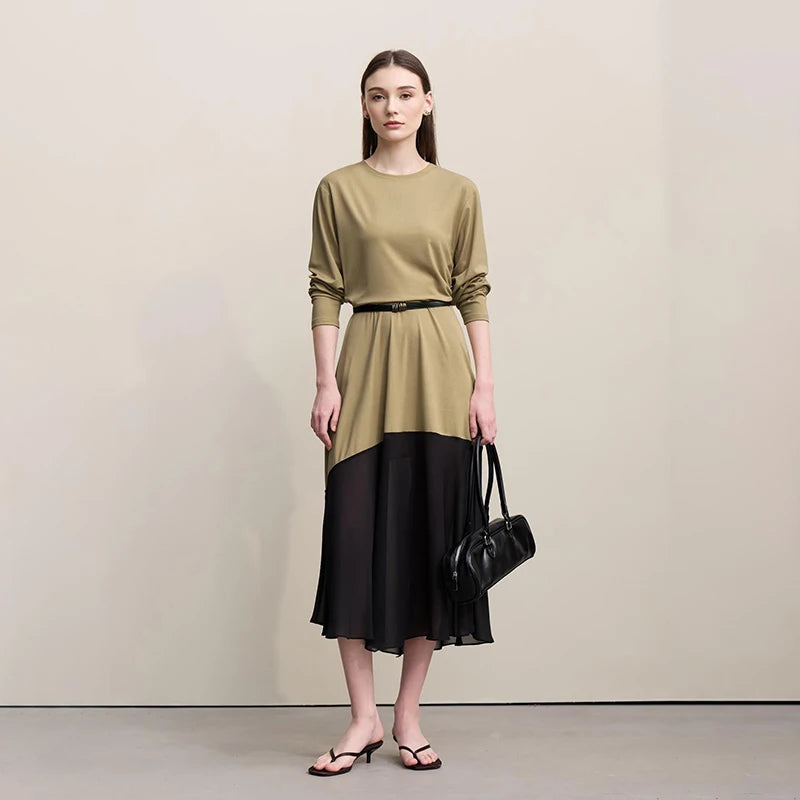រ៉ូប Amii Womens រដូវស្លឹកឈើជ្រុះឆ្នាំ ២០២៦ រ៉ូបថ្មីឆើតឆាយ លំនាំប៉ាក់ អាវក្រណាត់ Chiffon រាងអក្សរ H រលុង សំពត់វែងធម្មតាសម្រាប់នារី 12621063