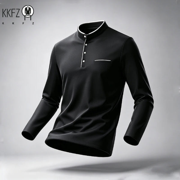 Men Stand Collar Long Sleeve Polo Shirt Slim Fit Half Button Design Chest Pocket Soft Fabric Business Daily Tops