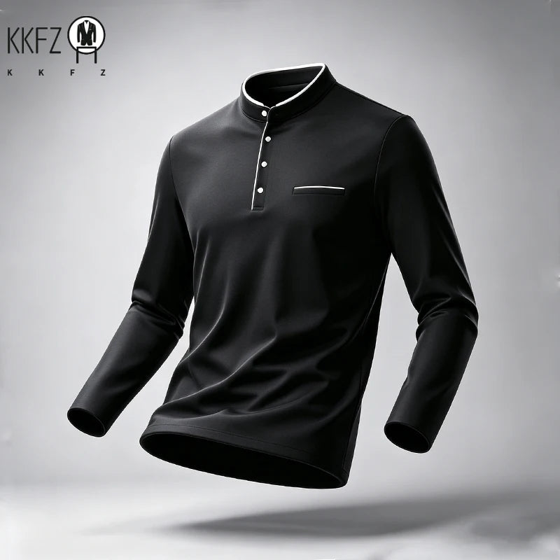 Men Stand Collar Long Sleeve Polo Shirt Slim Fit Half Button Design Chest Pocket Soft Fabric Business Daily Tops