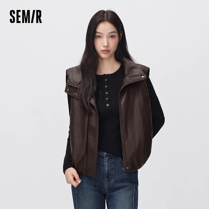 Semir Women Padded Vest Faux Leather Stand Collar Loose Fit Balloon Shape Street Style 2026 New Winter Daily Wear