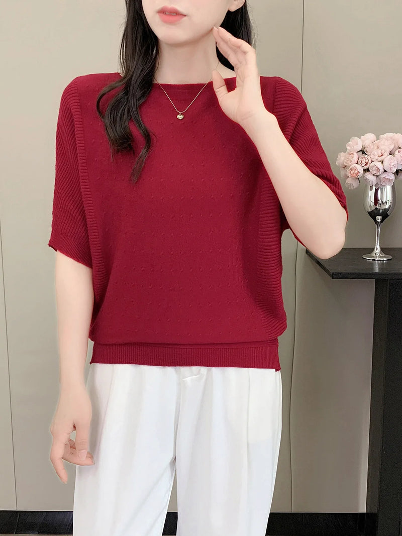 Bat-sleeved Knitted Sweater Women's One-word Collar Top Thin Spring Summer Pullover Shirt Ladies Jumper Pull Femme Knitwear
