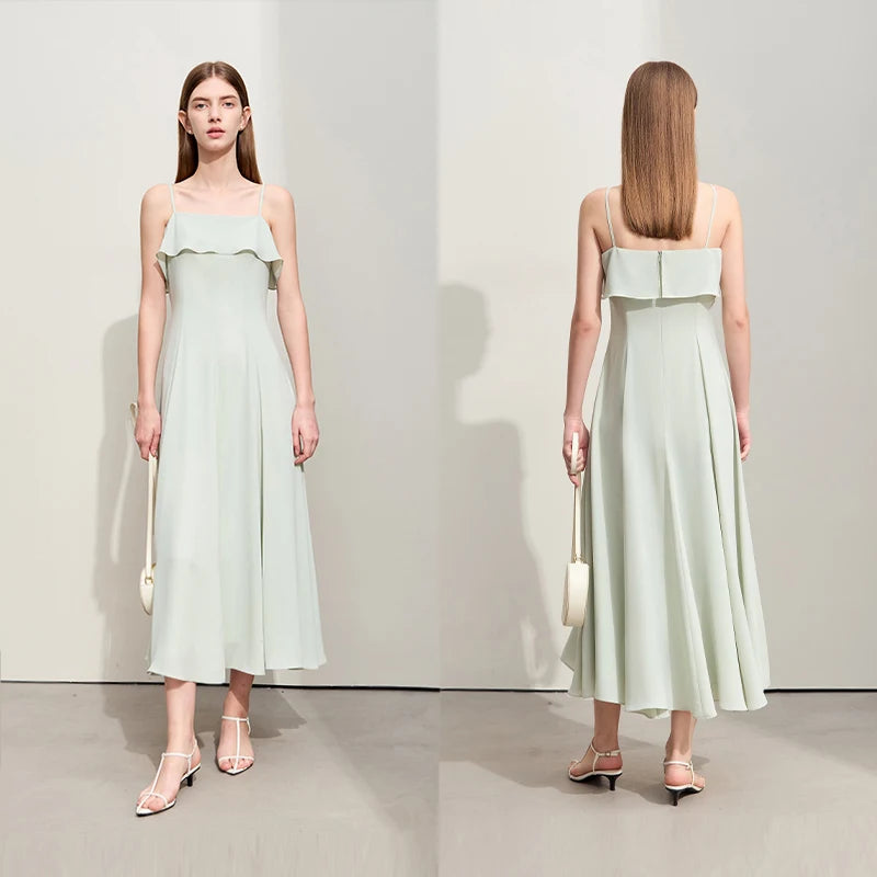 Amii Minimalism Dresses for Women 2026 Summer New Solid Long Large A-line Swing Thin Chiffon Halter Slim Trendy Dress 12442096