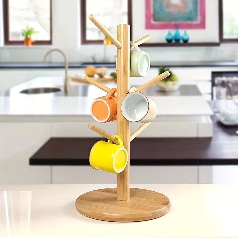 1pc legant Bamboo Cup Holder with Wooden Finish,Space-Saving Kitchen Organizer,with Multiple Hooks, Ideal for Home or Office.