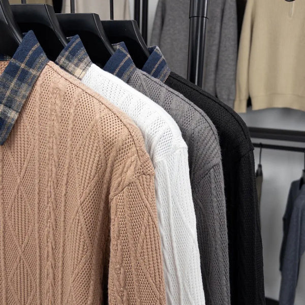 Men's Color Block Checked Knit Shirt - Casual Slim Fit, Soft Cotton Blend for Office & Daily Wear