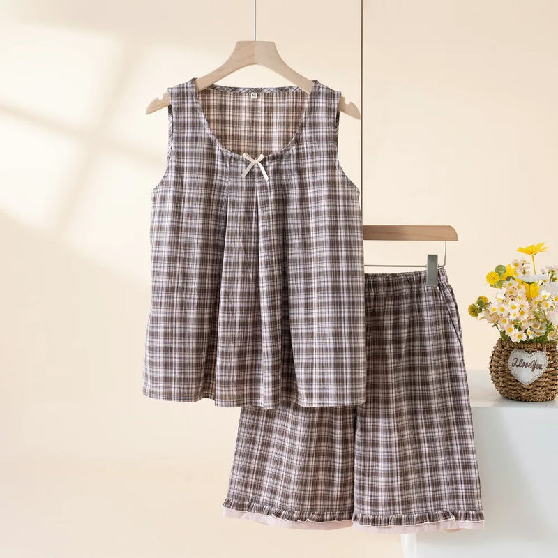 Summer Women Pajama Sets Plaid Print Pijama 2 Pieces Sleepwear for Sleeping Lounge Wear Sleeveless Top Shorts Nightwear Suits