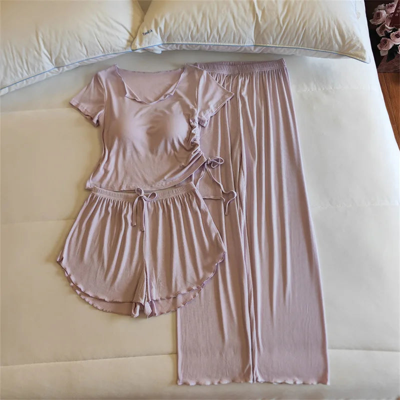 Korean Reviews Many Pajamas Chest Pad Short Sleeve Shirt Three Pieces Set Modal Spring Summer Sleepwear Women Home Wear Pyjamas