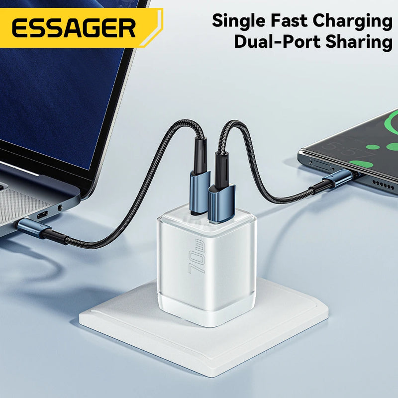 ឆ្នាំងសាក Essager 70W GaN ប្រភេទ C សម្រាប់ iPhone 16 15 14 Pro Max MacBook QC4.0 PD3.0 PPS 45W ឆ្នាំងសាកសាកលឿនសម្រាប់ Samsung Travel