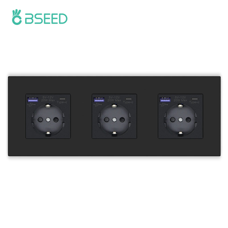 BSEED Single Wall Socket USB Type-C Fast Phone Charge Port Socket 20W Triple Power Plugs Plastic Panel Four Frame Outlets