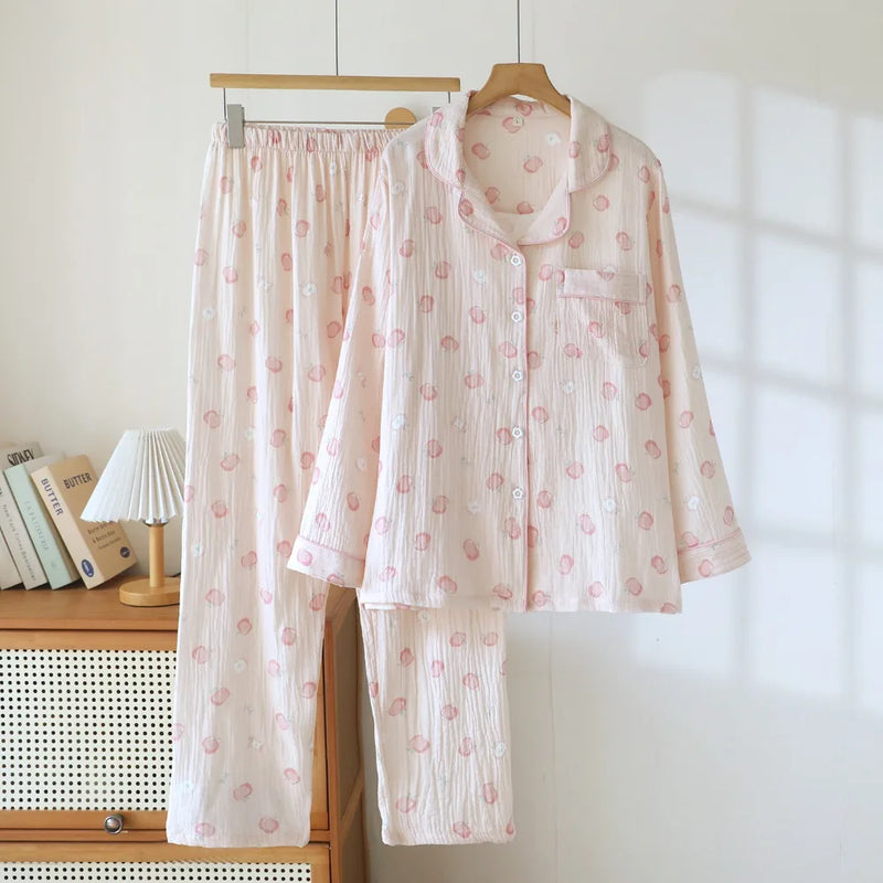 Autumn New Women's Pajamas Long Sleeve TrousersTwo-piece Homewear Set Pure Cotton Pyjama Femme Nightwear Lapel Neck Sleepwear