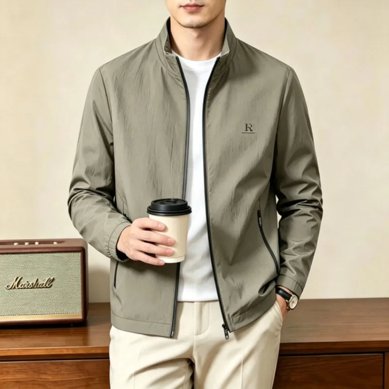 Men's Stand Collar Full Zip Jacket – Lightweight Casual Business Windbreaker with Zipper Pockets, Old Money Style