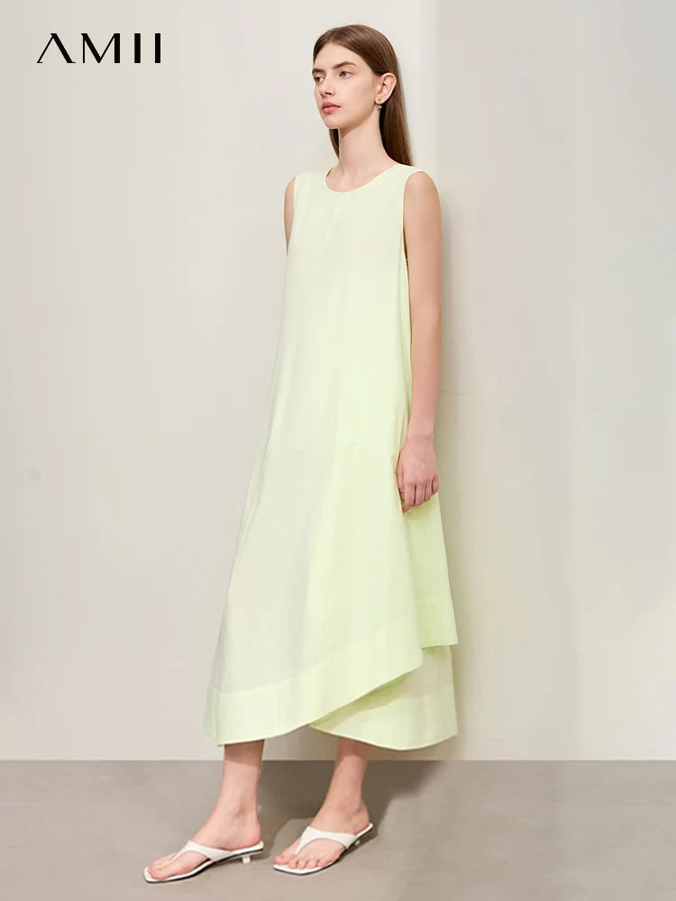 រ៉ូបវែង Amii Minimalism សម្រាប់នារី រដូវក្តៅ ឆ្នាំ២០២៦ រ៉ូបថ្មី កអាវ O-Neck ដៃអាវគ្មានដៃ រាងមិនទៀងទាត់ រ៉ូបរាងអក្សរ A រលុង ឆើតឆាយ 12452024