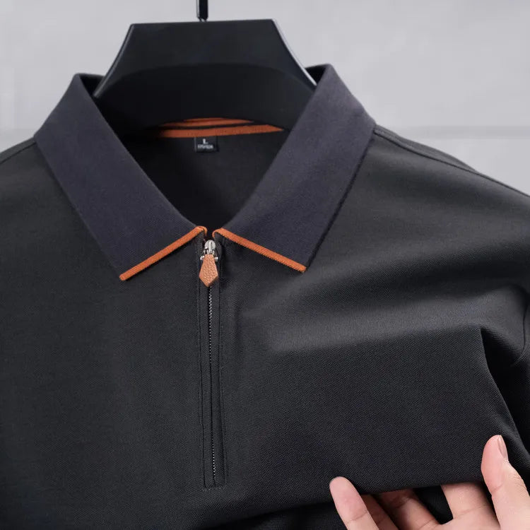 Cotton Blend Zip-Up Polo Shirt - Navy Blue with Orange Trim  Moisture-Wicking Athletic Style Business Casual Long-sleeved Shirt