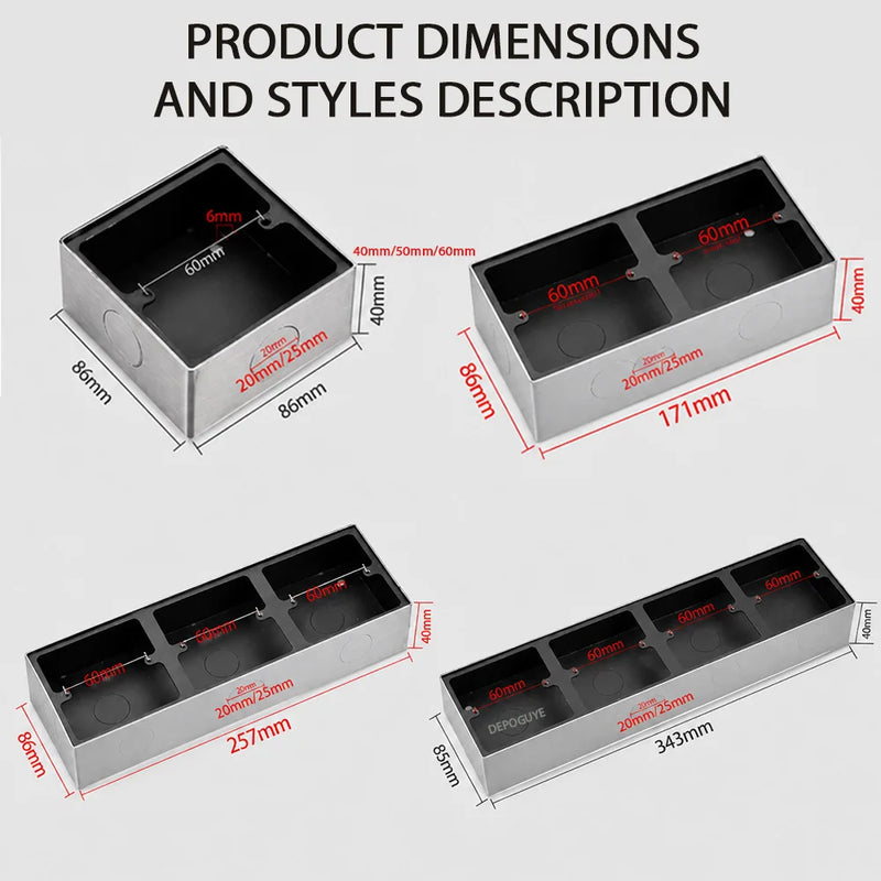 86 Type Stainless Steel Surface Mount Box Metal Wall Switch Socket Junction Back Box Universal Electrical Wiring Box20/25mm Hole