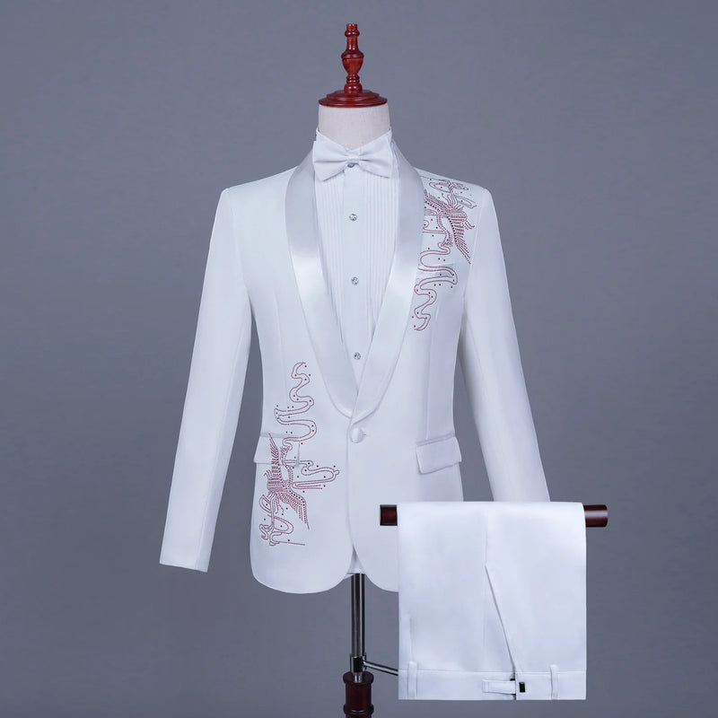 Men's Black Tuxedo Set with Diamond Embellished Jacket and Matching Trousers in White for Choirs/Stage Performances/Weddings