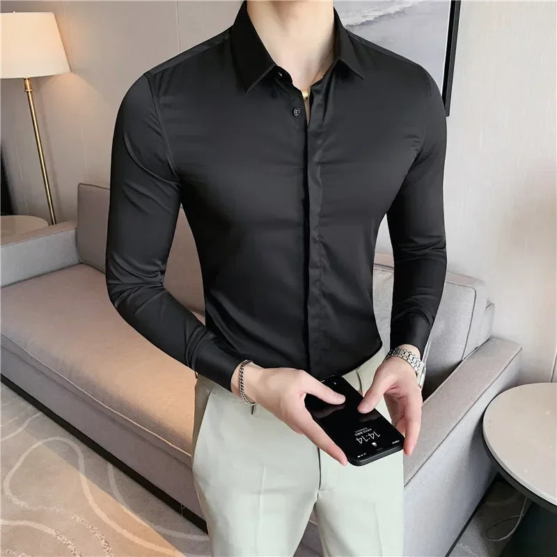 New Men's Shirt Luxury Repair Ball Gown Slim Solid Color Long Sleeve Shirt Streetwear