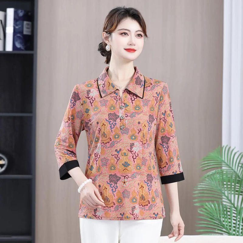 អាវយឺត Pullover ថ្មី កអាវបត់ចុះ បោះពុម្ពធរណីមាត្រ អាវបីភាគបួន រលុង