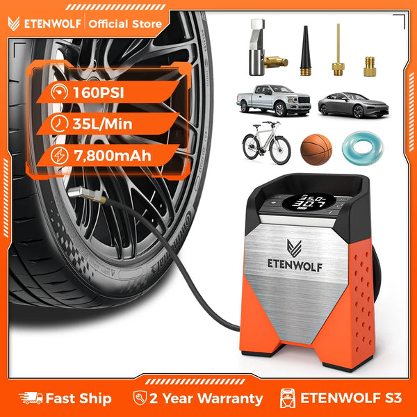ម៉ាស៊ីនបូមខ្យល់កង់រថយន្ត ETENWOLF S3 ថ្មី បូមលឿន 1 នាទី ម៉ាស៊ីនបង្ហាប់ខ្យល់ចល័ត 100% វដ្តការងារ 160 PSI រថយន្ត ម៉ូតូ បាល់ខ្យល់