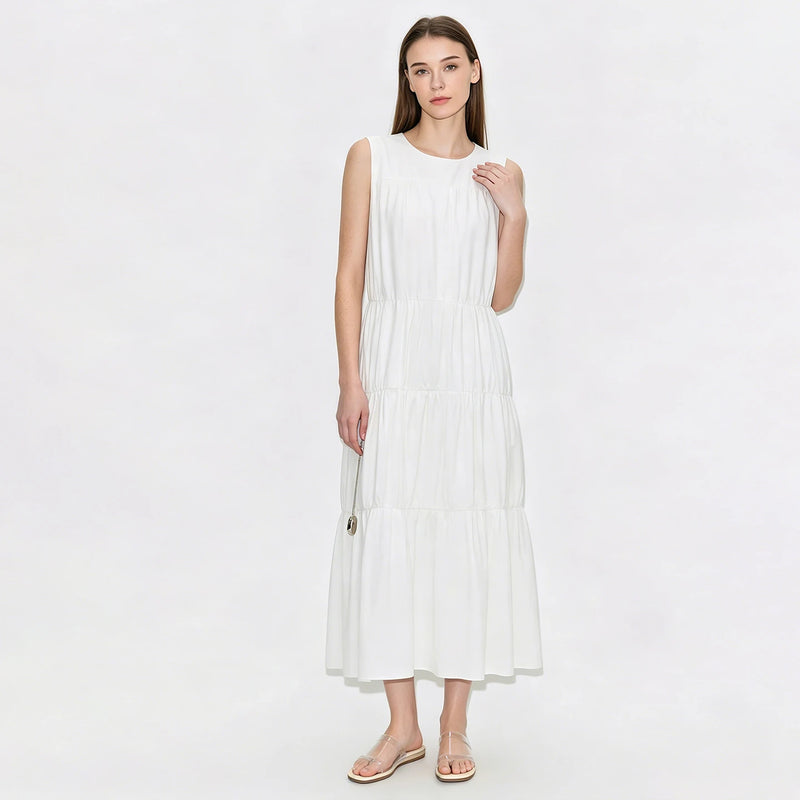 Amii 100% Cotton Women Dress 2026 Summer New Round Neck Sleeveless Back Tie Casual Vacation Style A-Line Midi Dress 12642110