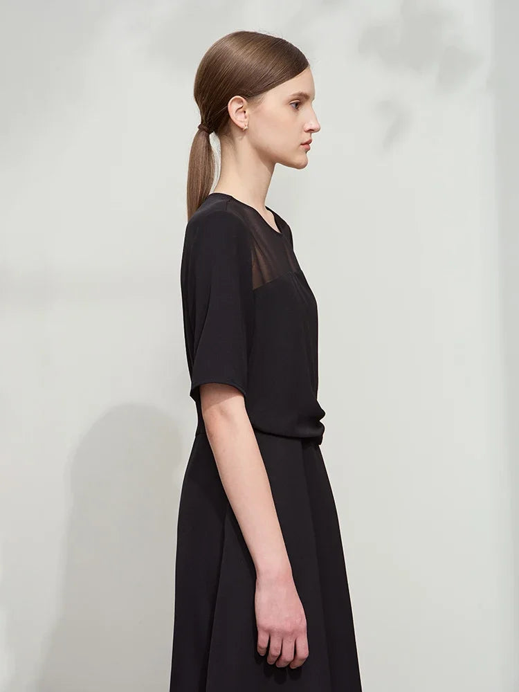 AMII Minimalist Dress Women 2026 Autumn New Basics Office Lady O-Neck Lace Splicing Short Sleeve Knee-length Dresses 12521028