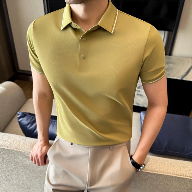 Men’s Slim Fit Polo Shirt with Contrast Collar Wrinkle-Free, Odor-Resistant Business Casual Top Sun-Friendly Fabric