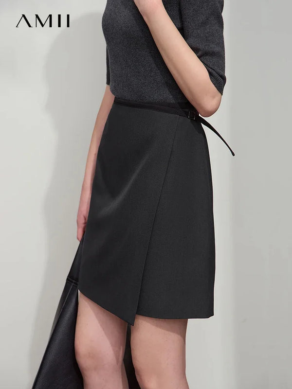 AMII Minimalist Women's Skirt 2026 Autumn New Office Lady Versatile Fashion Asymmetric Wrinkle A-line Half-body Skirt 12511092