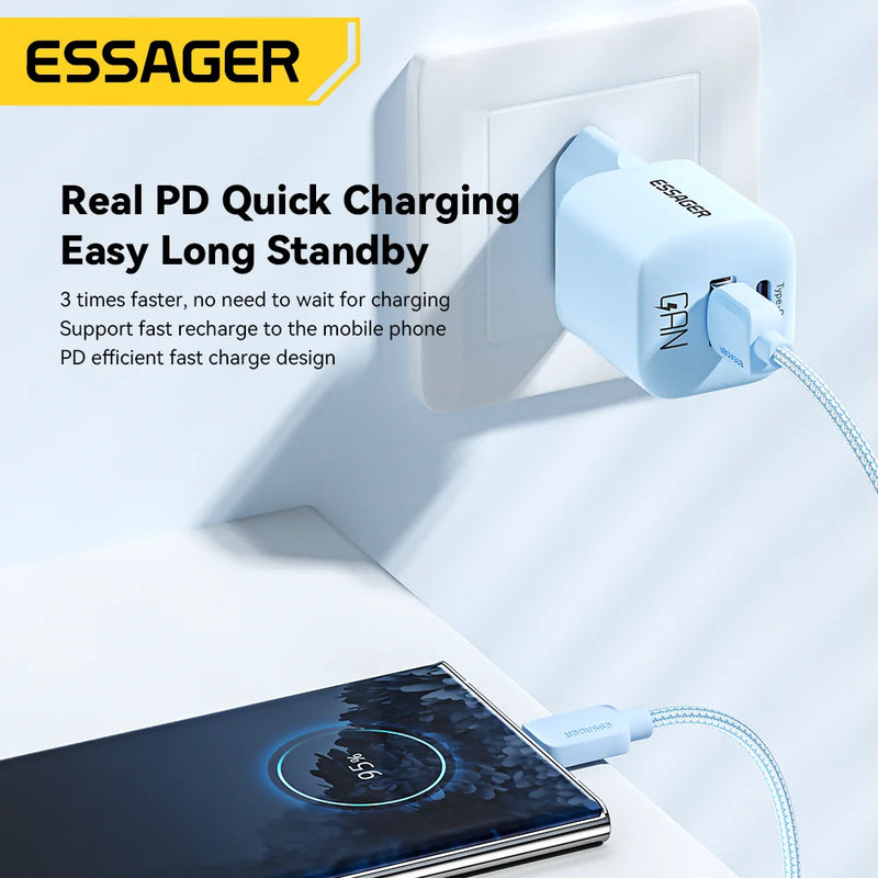 ឆ្នាំងសាក Essager 20W GaN USB Type C PD សាកថ្មលឿនសម្រាប់ iPhone 15 14 13 12 Pro Max PD3.0 QC3.0 Type C ឆ្នាំងសាកទូរស័ព្ទចល័តខ្នាតតូច