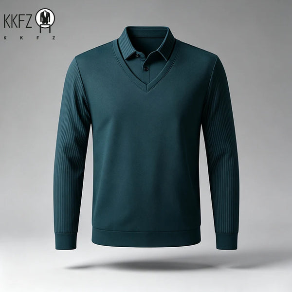 Men Fake Two Piece Long Sleeve Top V Neck Ribbed Sleeve Shirt Collar For Business Office Daily Commute Casual Outfits