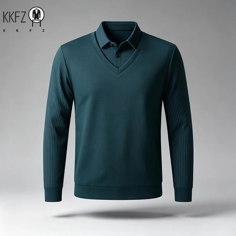 Men Fake Two Piece Long Sleeve Top V Neck Ribbed Sleeve Shirt Collar For Business Office Daily Commute Casual Outfits