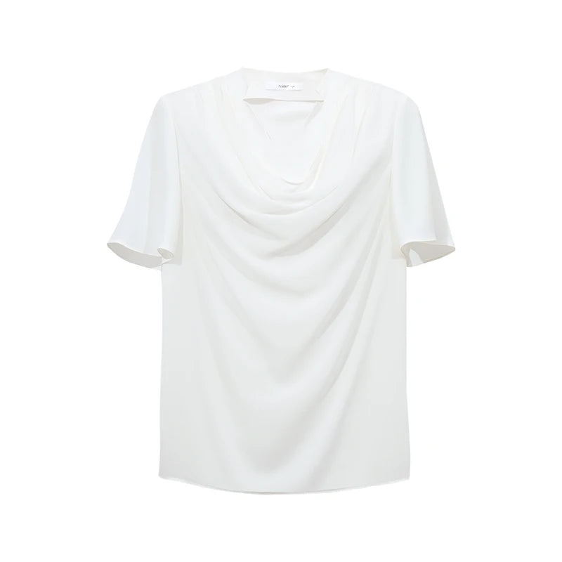 Amii Women's Summer Blouse 2026 New Cowl Neck Patchwork Chiffon Top Straight Fit Short Sleeve Casual Ladies Blouses 12642157