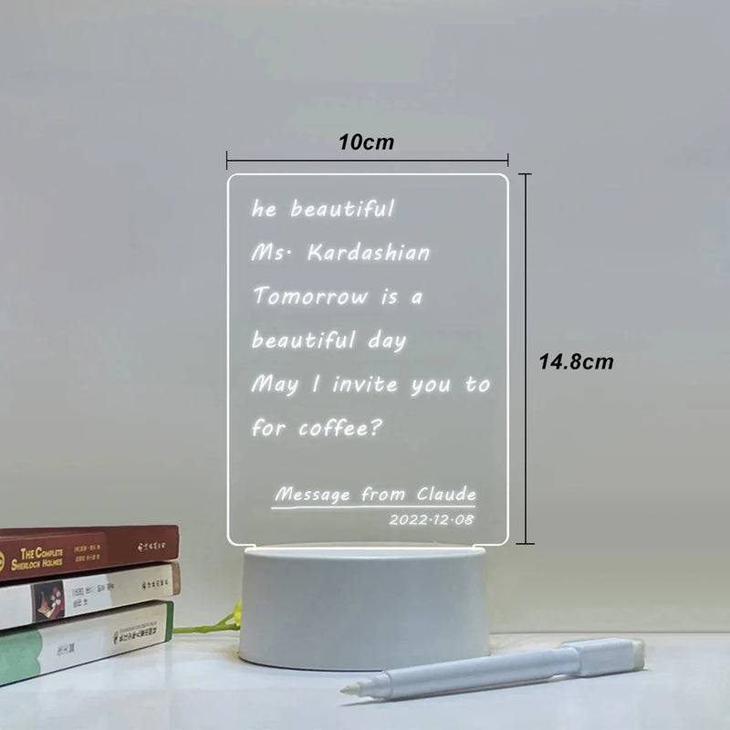 LED Night Light with Pen Acrylic Dry Erase Board Clear Desktop Note Memo Board Painting Message Soft Lights Desk Lamp Gift