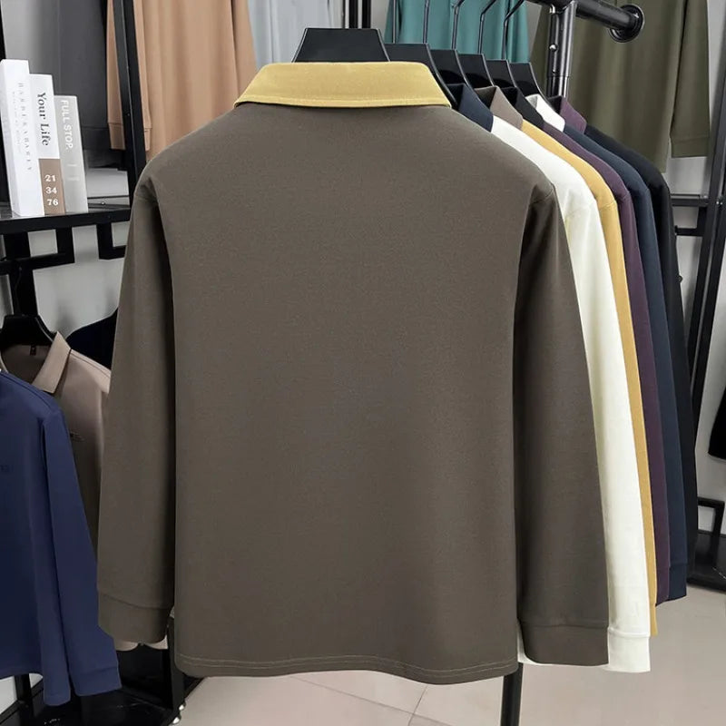 Men's Autumn Knit Polo Shirt, Contrast Collar and Sleeve Design, New Arrival Heavyweight Pullover for Casual Business Wear