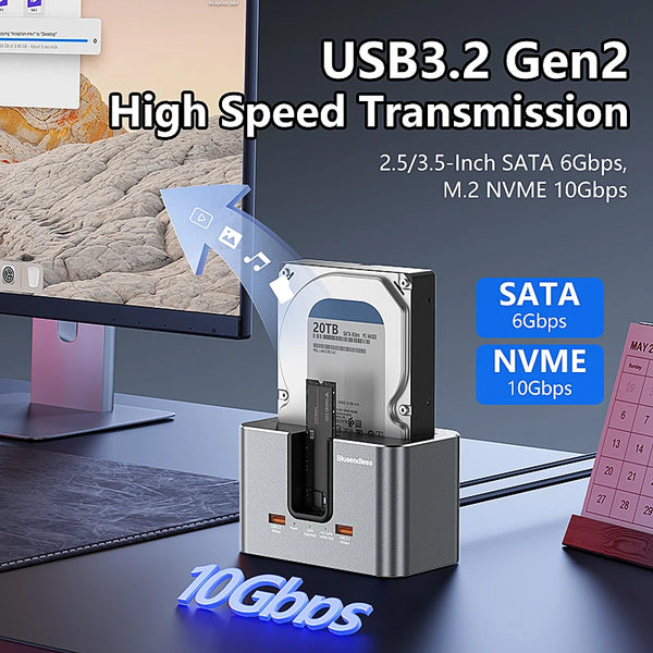 ស្ថានីយ៍ចត HDD SSD Blueendless សម្រាប់ M.2 PCIE NVMe និង M.2 SATA និង 2.5'/3.5' SATA SSD/HDD ជាមួយ USB3.2 HUB HDD/SSD Enclosur