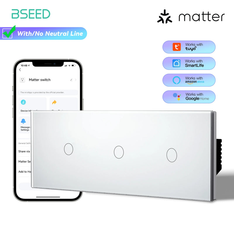BSEED Matter Smart Touch Light Switch No Neutral Wire &Neutral Wire Work With Apple Home Tuya APP Google Assistant Voice Control