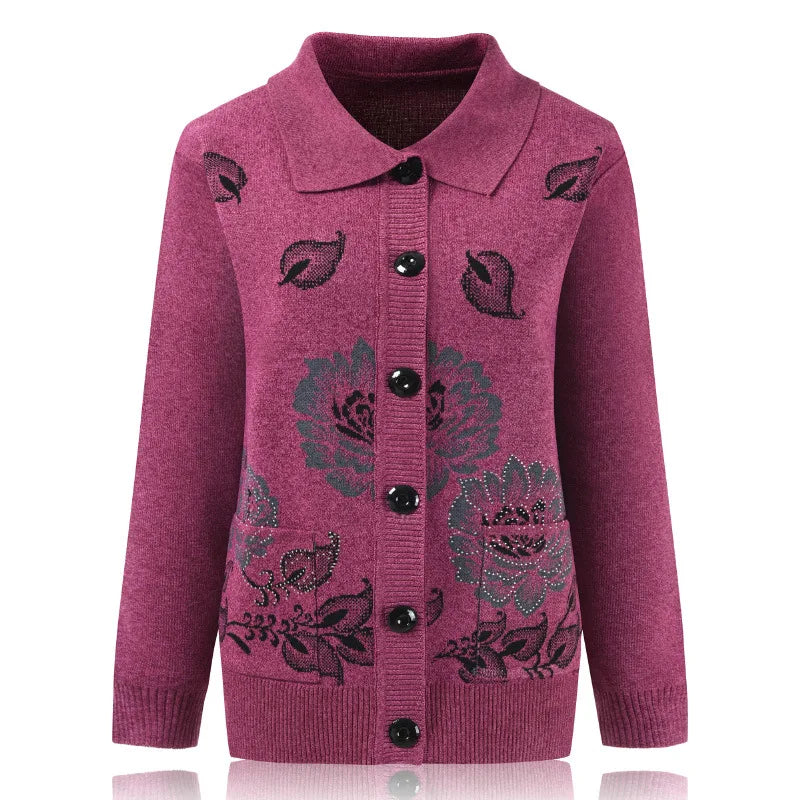 50-80 Years Old Spring Autumn Lapel Middle-Aged Elderly Mother Sweater Loose Embroidered Knitted Cardigan Top Women Jacket