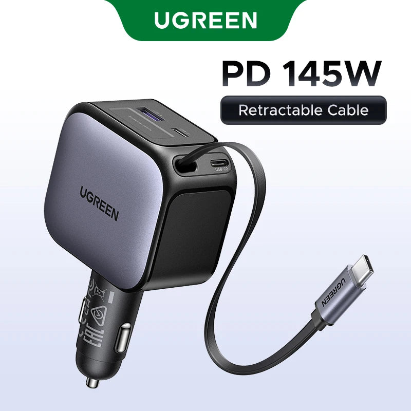 UGREEN 145W 90W 60W Car Charger 3 USB-C & 1 USB-A Ports PD QC4.0 Fast Charging with Retractable Cable for iPhone 18 Pro MacBook