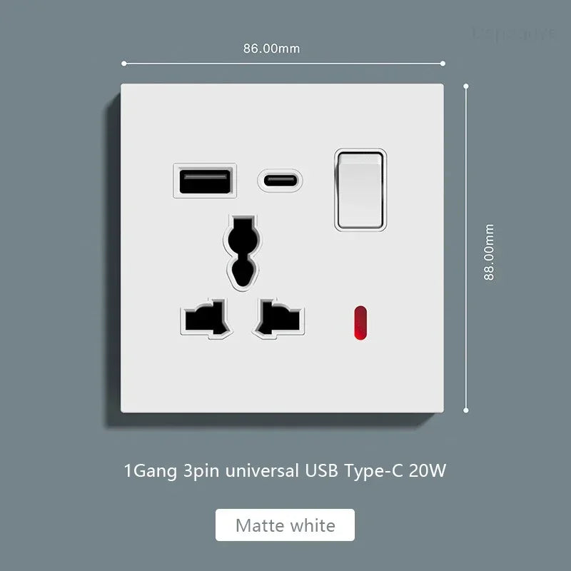 UK Standard Power Socket 13A Quick charge Plug 20W Smart Type-C Wall Outlet,220V Electrical Universal Wall Light 2way Switch