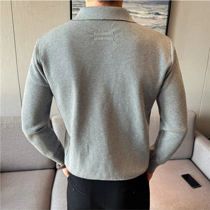 Men's Wool Blend Sweater, Polo Collar Shell Buttons, Old Money Style, Light Beige Gray