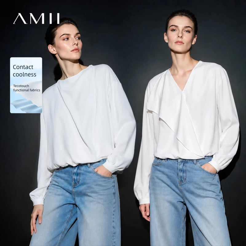អាវស្រី Amii រដូវស្លឹកឈើជ្រុះឆ្នាំ ២០២៦ អាវធំក V បញ្ច្រាស់បាន កអាវរុំ ដៃវែង អាវក្រណាត់ chiffon សម្រាប់ស្ត្រី អាវរលុងធម្មតា 12643013