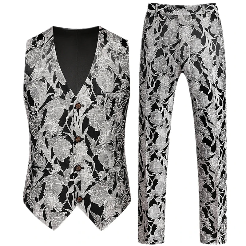 Men's Red Two-Piece Set, Sleeveless V-neck Vest with Trousers, White, Black, Red, Silver, Green,Purple To Choose From!