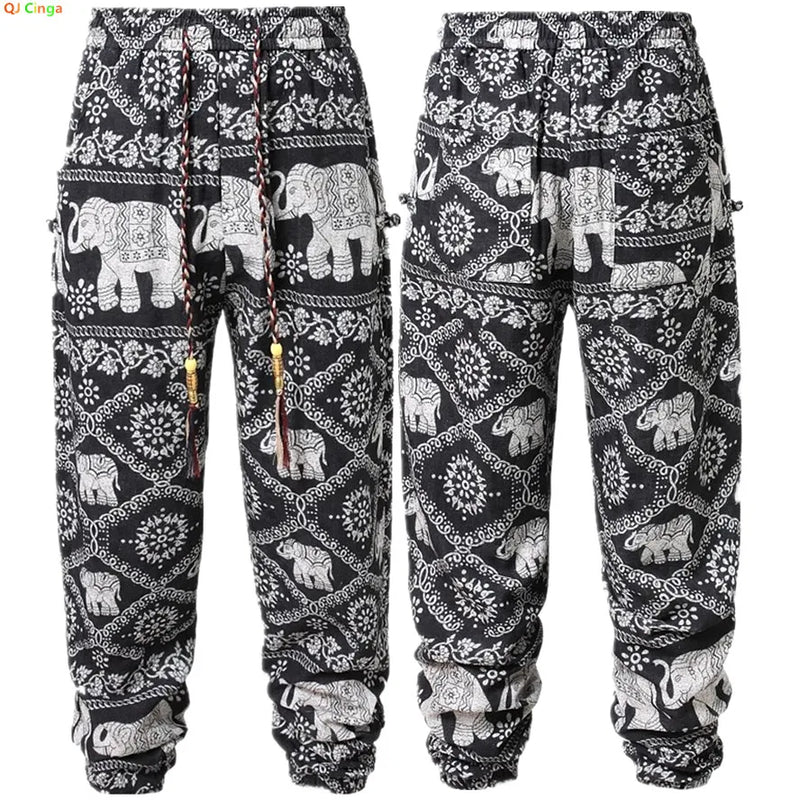 Men Black Drawstring Trousers White Print Cotton Casual Pants Perfect for Spring Summer Season Comfortable Loose Fit Sweatpants