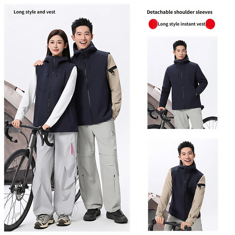 Detachable sleeves transform into a vest Two wear trench  Fleece hooded soft shell Windbreaker  warm waterproof windproof hiking