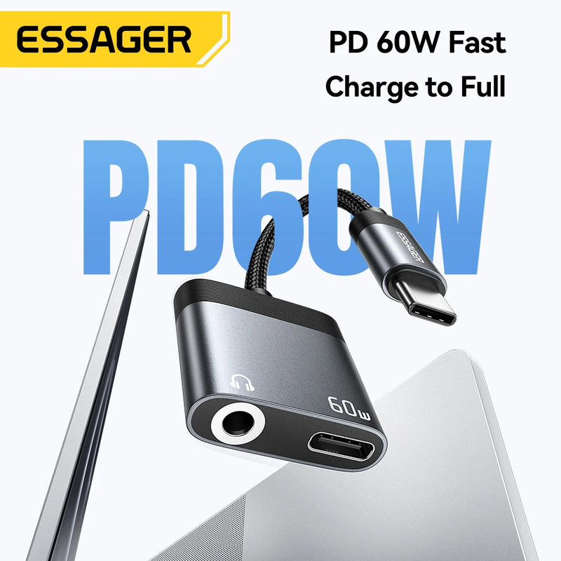 Essager Audio And Charging Splitter Cable 2 In 1 3.5mm Jack Earphone PD 60W USB Type C Charger Adapter For iPhone Samsung Xiaomi