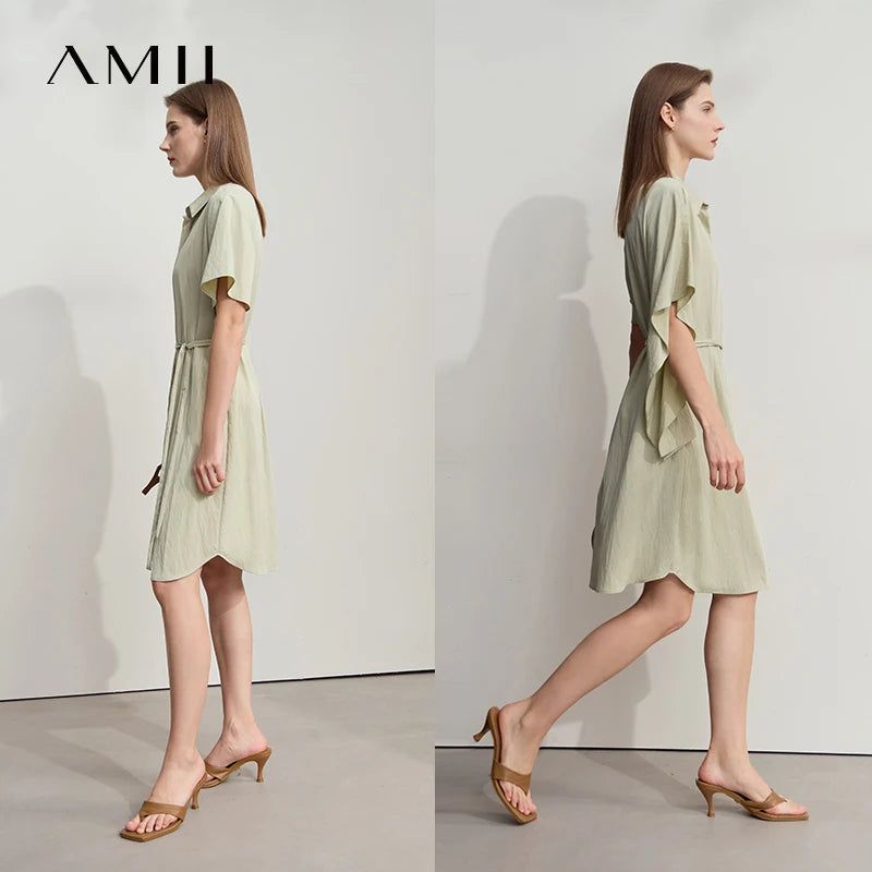 Amii Women's Dress 2026 Summer Turn-down Collar Pleated Asymmetric Batman with Belt Loose Diagonal Female Midi Dress 12512041