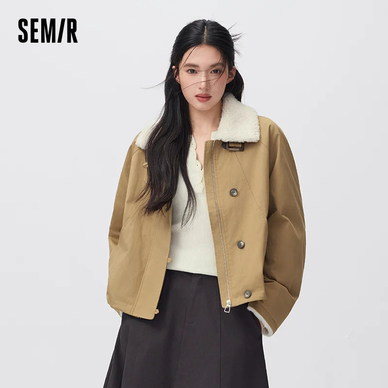 Semir Women Winter Jacket Plush Collar Loose Fit Raglan Sleeve Vintage Style Workwear 2026 New Winter Daily Wear