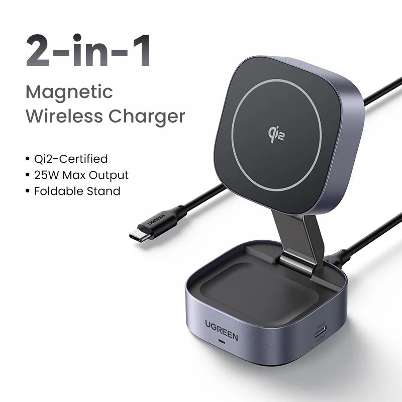 UGREEN Qi2 15W Magnetic Wireless Charger Stand 2-in-1 Charging Stand For iPhone 16 17 Pro Max/AirPods For MagSafe Fast Charger
